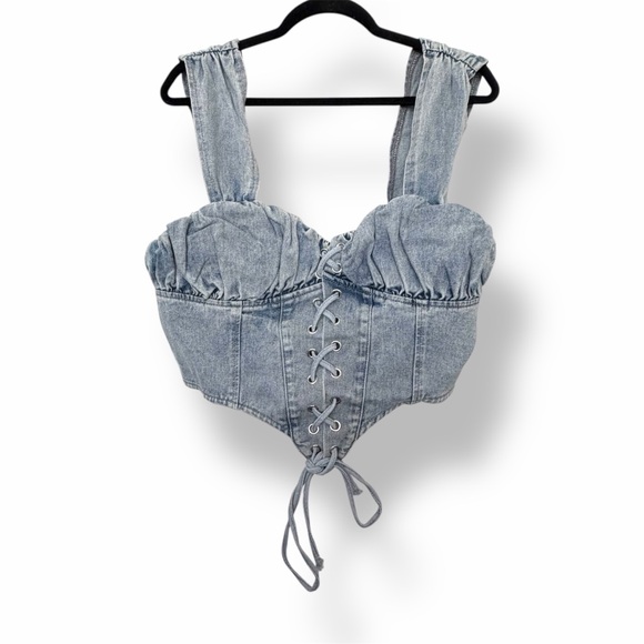 Pretty Little Thing Denim Bleach Wash Ruched Bust Detail Lace Up Corset Top - Picture 2 of 6